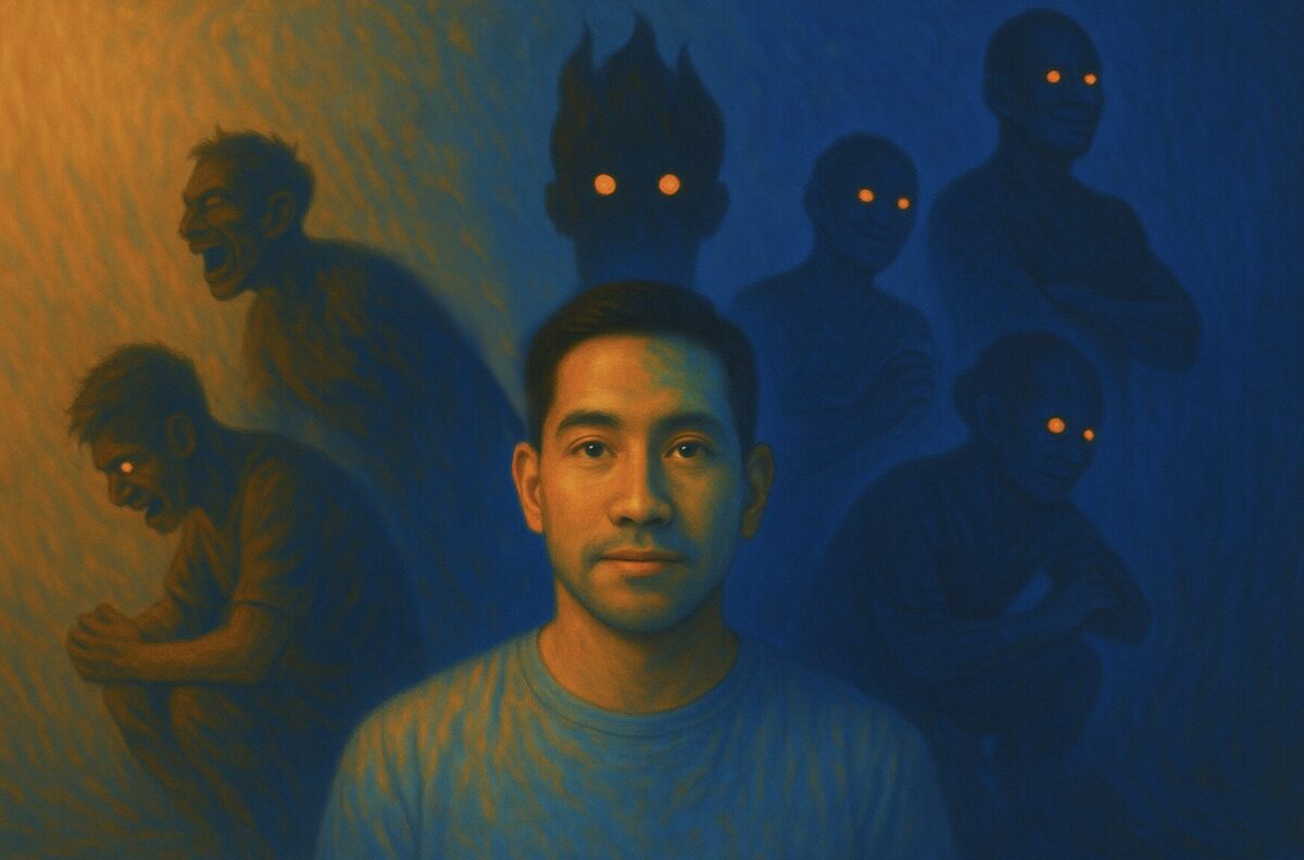 Chasing the Shadow. Image of a man with multiple shadow selves behind him.