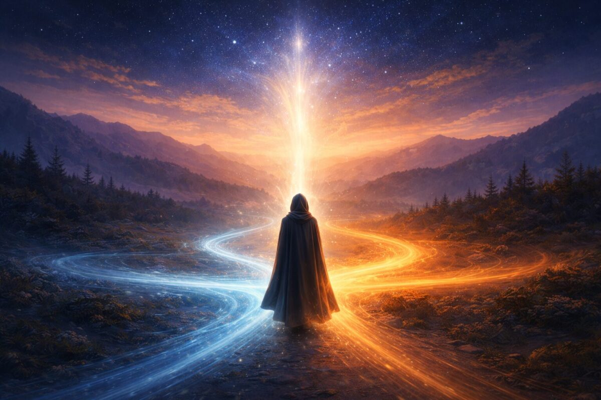 A cloaked figure stands at the intersection of three glowing paths in a mountain landscape, symbolising integration, self actualisation, and enlightenment.