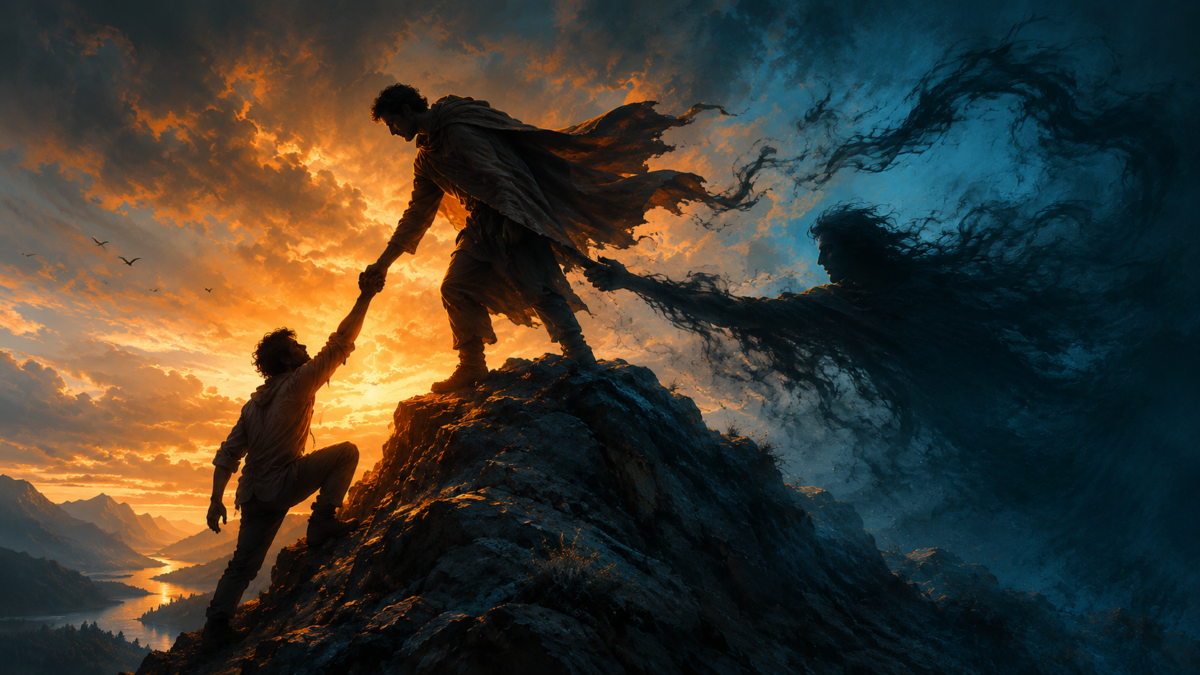 The gratitude paradox showing one person helping another while a dark shadow pulls them apart