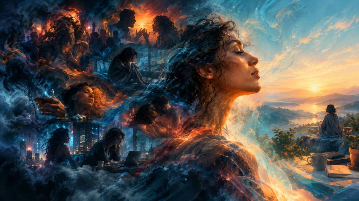 A woman surrounded by dreamlike scenes of emotional chaos, representing the struggle to adjust to peace and stability.