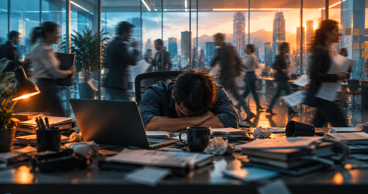 An exhausted man slumped over a disorganised office desk while colleagues rush past behind him.