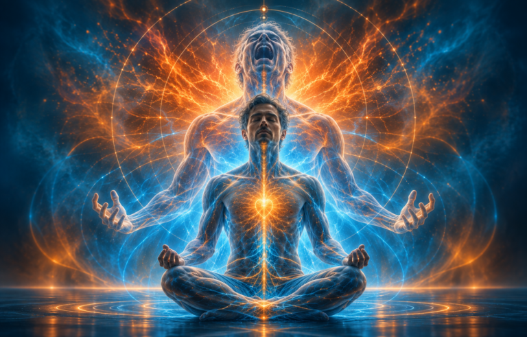 A transparent man expressing intense emotion layered over a calm meditating figure, representing catharsis, integration and nervous system healing.