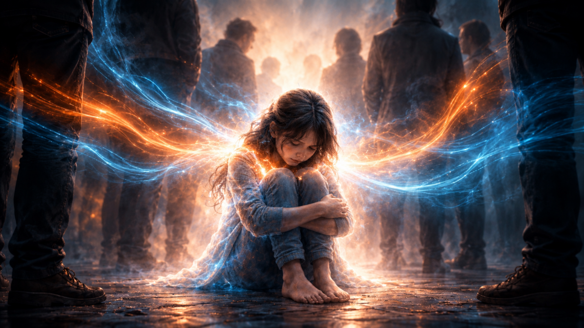 A child absorbing the emotional energy of adults around her, representing childhood hypervigilance and the empath trauma response.