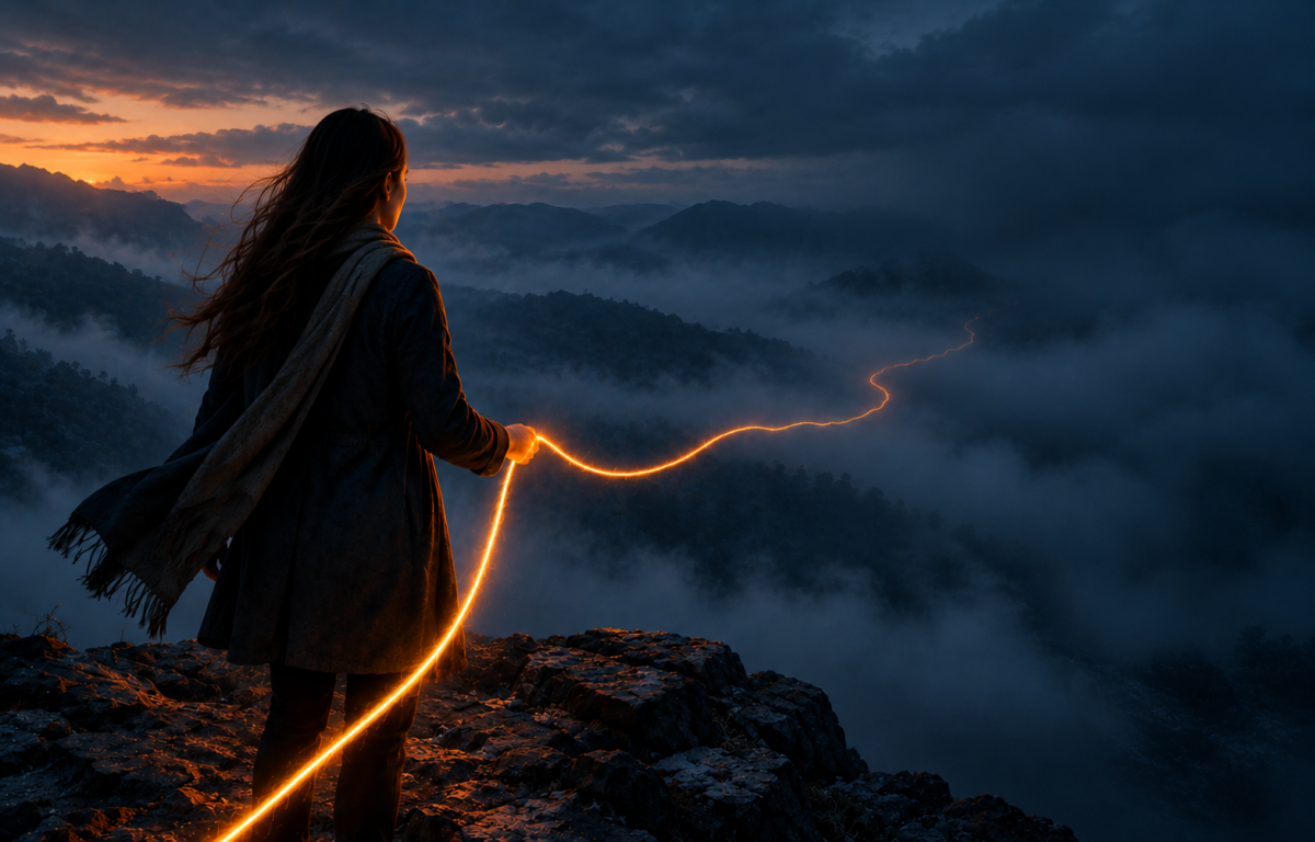 A person holding a glowing thread disappearing into darkness, representing relentless hope and the difficulty of letting go.