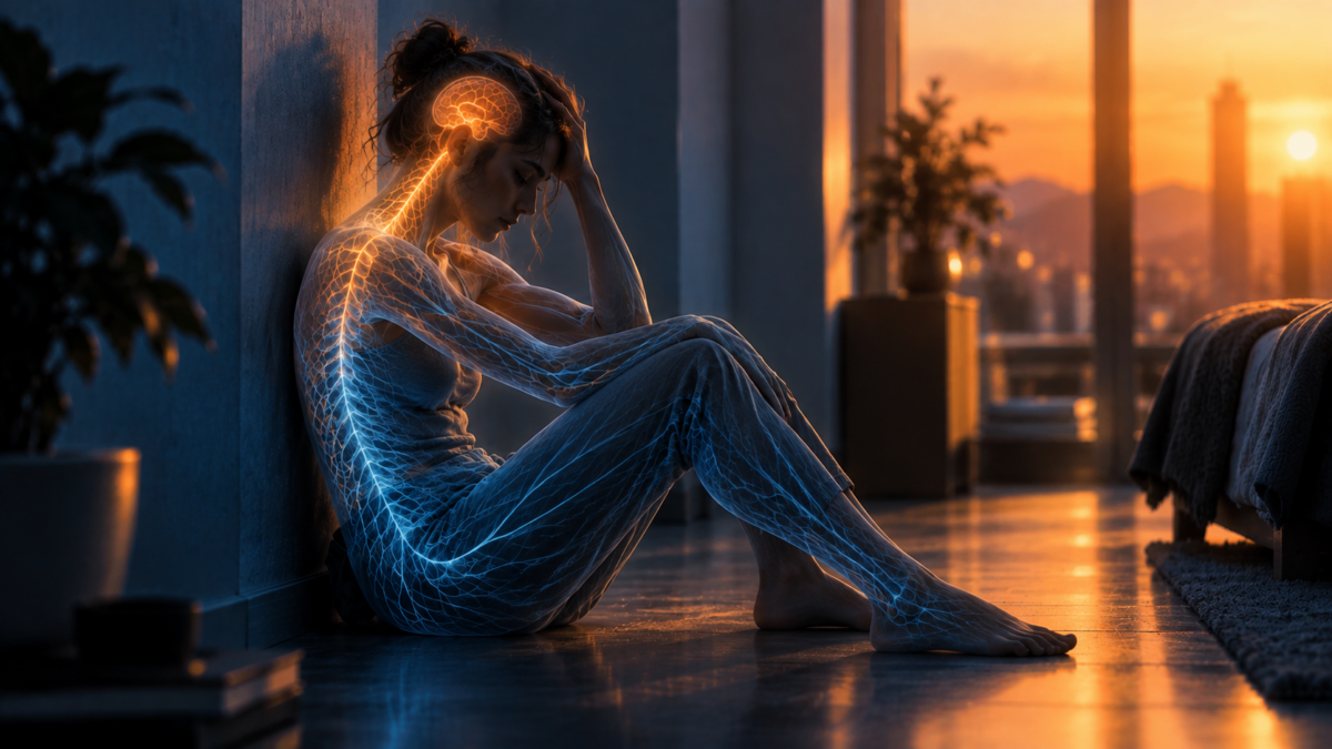 Woman experiencing dorsal collapse with her nervous system visible through her body.